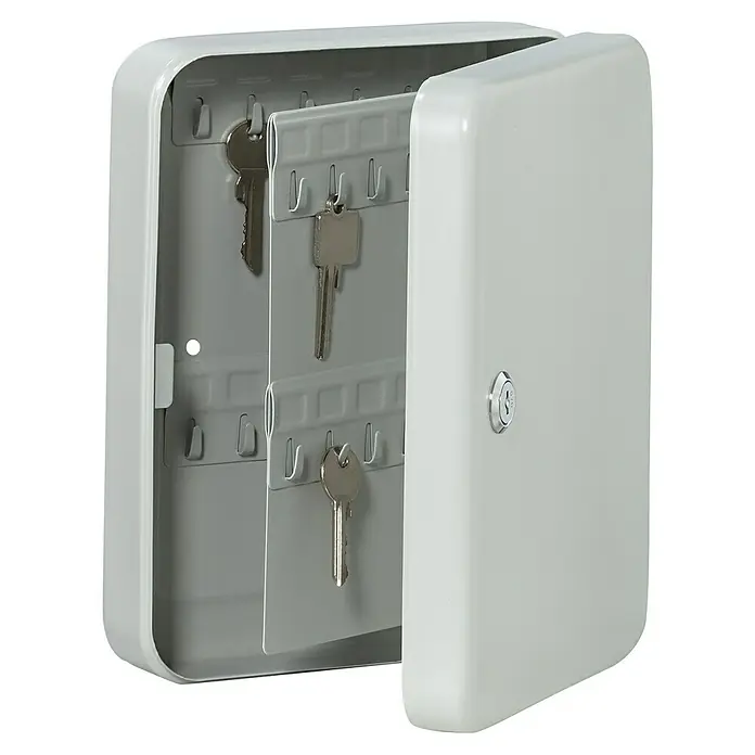 Burg-Wächter Favor Schlüsselbox - Anzahl Haken: 48 Stk., L x B x H: 5 x 20 x 25 cm - Grauer Schlüsselschrank mit Schlüsselaufhängern und einigen Schlüsseln, der offen steht und ein Schloss an der Tür hat.