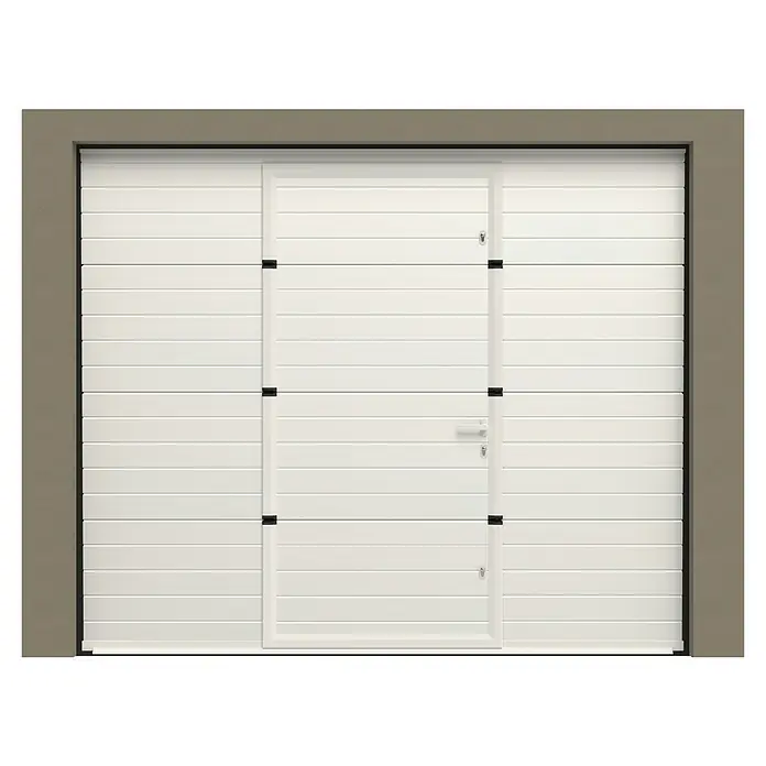 Garagentor mit Schlupftür - B x H: 2.500 x 2.125 mm, Verkehrsweiß, Woodgrain - Ein modernes, weißes Garagentor mit integrierter Tür und horizontalen Linien, umrahmt von einem grauen Rahmen.