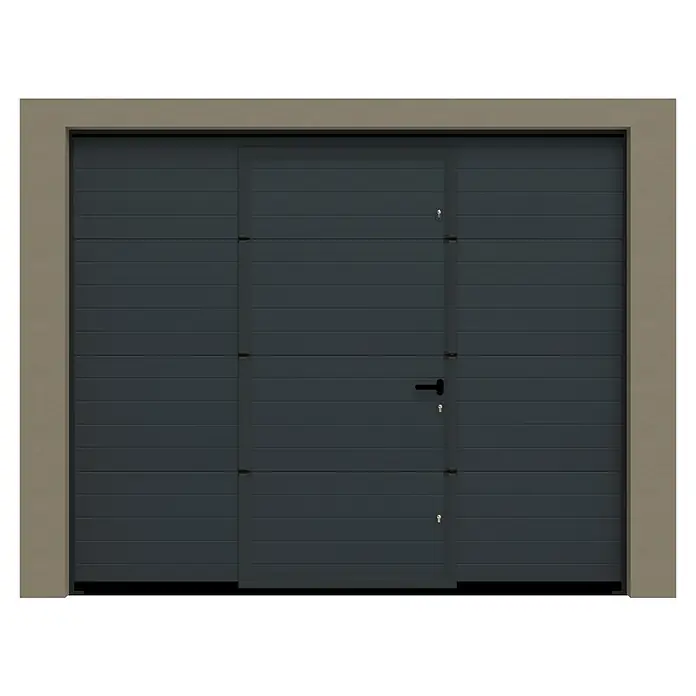 Garagentor mit Schlupftür - B x H: 2.500 x 2.125 mm, Anthrazitgrau/Weiß, Woodgrain - Abbildung eines modernen Garagentors in dunklem Grau mit horizontalen Linien und einem Griff in der Mitte.