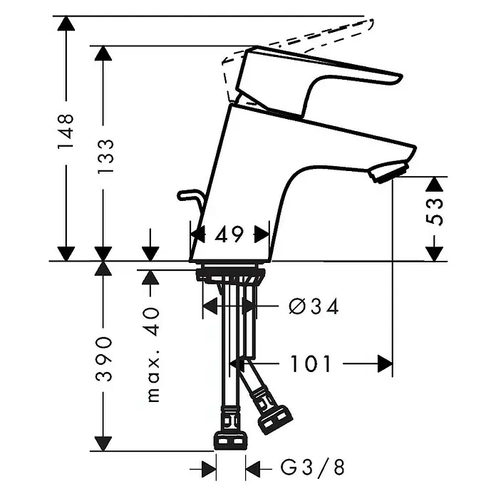 Hansgrohe Ecos Grifo de lavabo M - Cromo, Brillante - Dibujo técnico del grifo con medidas. El grifo se muestra detalladamente con todas las dimensiones relevantes para la instalación.