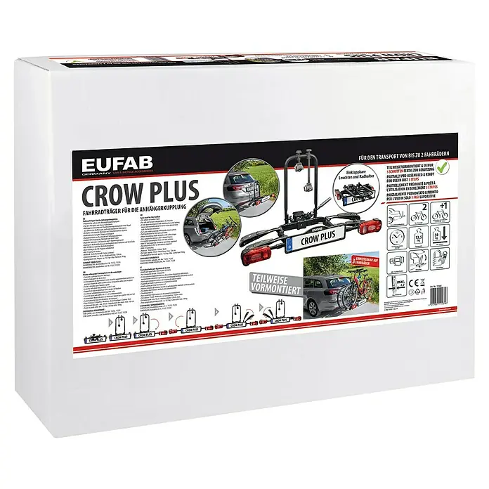 Eufab Portabicicletas Crow + - Apto para: 2 bicicletas, Capacidad de carga: 50 kg - Imagen de la caja del portabicicletas EUFAB Crow Plus. El portabicicletas está parcialmente montado y es apto para 2 bicicletas.