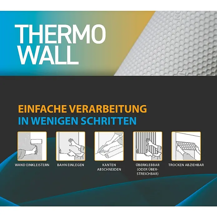 A.S. Création Dämmtapete Thermowall - L x B x S: 10,05 m x 0,53 m x 1 mm, Weiß - Thermo Wall Produktbild mit Anwendungshinweisen für einfache Verarbeitung in wenigen Schritten.