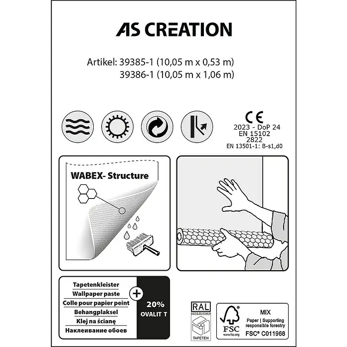 A.S. Création Dämmtapete Thermowall - L x B x S: 10,05 m x 0,53 m x 1 mm, Weiß - Ein Bild mit Informationen zu einer "AS Creation"-Tapete, einschließlich Artikelnummern, Eigenschaften und Anweisungen.