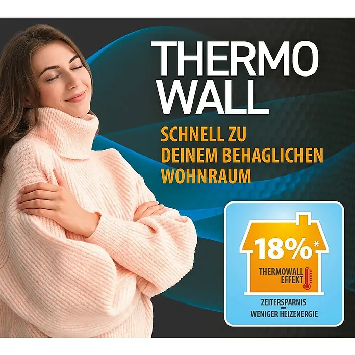 A.S. Création Dämmtapete Thermowall - L x B x S: 10,05 m x 0,53 m x 1 mm, Weiß - Werbebild für THERMOWALL, das eine Frau in einem Rollkragenpullover und eine Grafik zeigt, die eine Energieeinsparung von 18 % darstellt.