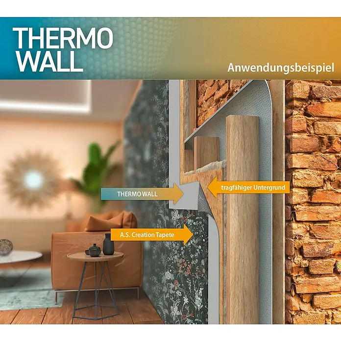 A.S. Création Dämmtapete Thermowall - L x B x S: 10,05 m x 0,53 m x 1 mm, Weiß - Illustration der Thermo Wall, einer Innenwanddämmung, die das Raumklima verbessert und Heizkosten senkt.