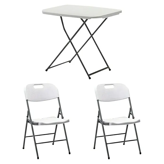 Set de muebles de jardín Alan - 3 pzs., Polietileno de alta densidad (HDPE), Blanco - Conjunto de mesa plegable con dos sillas. Ideal para eventos, fiestas o como asientos adicionales. Fácil de guardar y transportar en casa.
