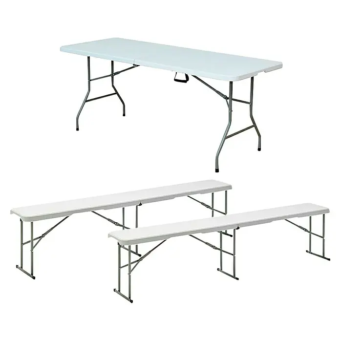 Set de muebles de jardín Every - Blanco, 3 pzs., Polietileno de alta densidad (HDPE) - Mesa plegable blanca con dos bancos. Estos muebles son perfectos para eventos y ofrecen asientos prácticos.