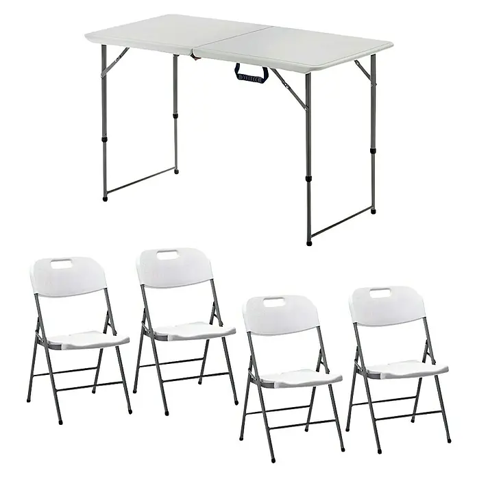 Set de muebles de jardín Alan - 5 pzs., Polietileno de alta densidad (HDPE), Blanco - Juego de mesa y sillas plegables blanco, ideal para eventos o uso diario, ofreciendo flexibilidad y comodidad.
