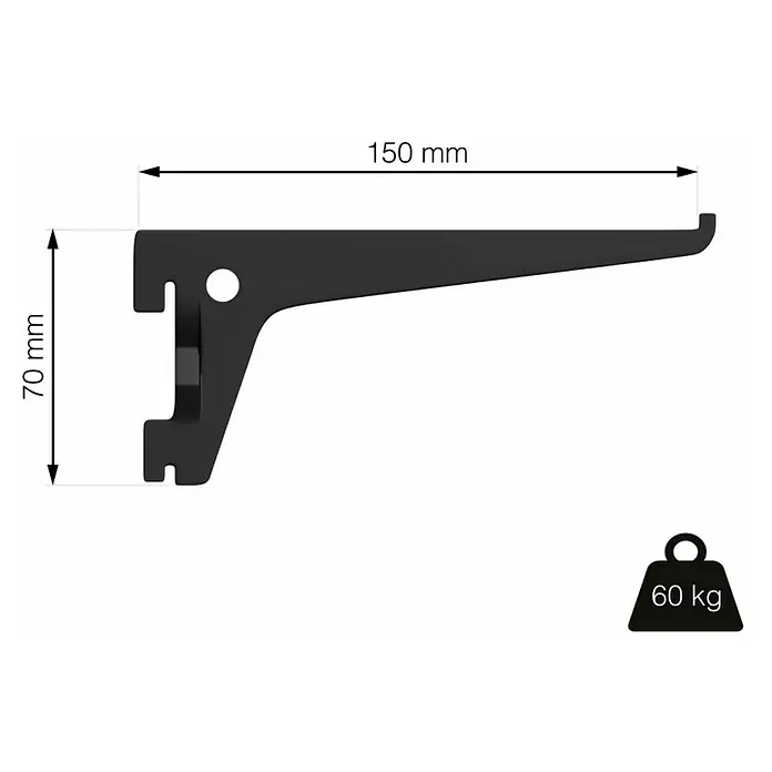 Element System Pro-Träger S 50 - Länge: 15 cm, Schwarz, Belastbarkeit: 60 kg - Abbildung einer schwarzen Regalhalterung mit den Maßen 150 mm Länge und 70 mm Höhe, belastbar bis 60 kg.