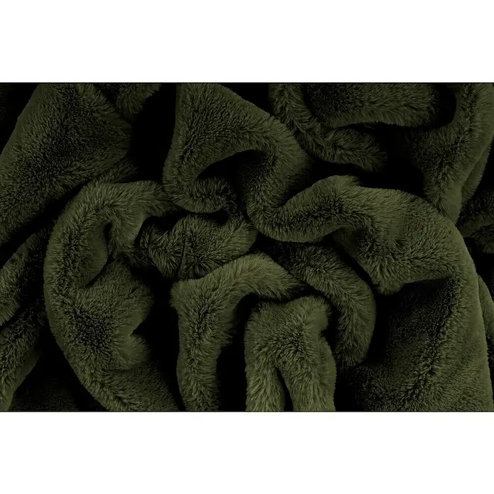 Decke Happy - Basil, 200 x 150 cm, 100 % Polyester - Nahaufnahme eines luxuriösen, olivgrünen Kunstfellstoffes mit üppiger Textur und sanften Falten für elegante und komfortable Designs.