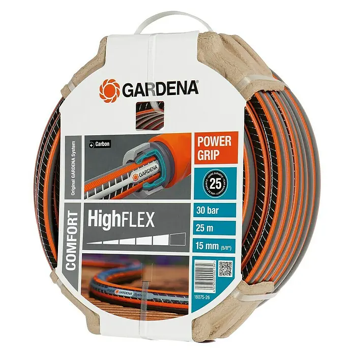 Gardena Manguera para jardín High Flex - Ø x L: 15 mm x 25 m - Imagen de una manguera de jardín Gardena Comfort HighFLEX, de 25 metros de largo, 15 mm de diámetro, con tecnología Power Grip.