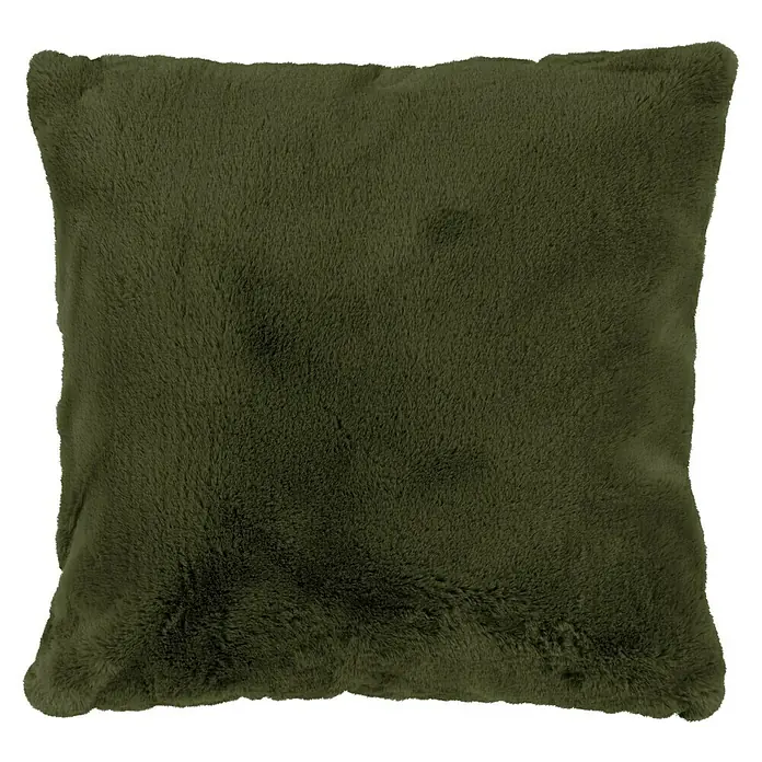 Kissen Happy - Basil, 48 x 48 cm, 100 % Polyester - Nahaufnahme eines quadratischen Zierkissens in dunklem Olivgrün mit weichem, zotteligem Kunstfellbezug.
