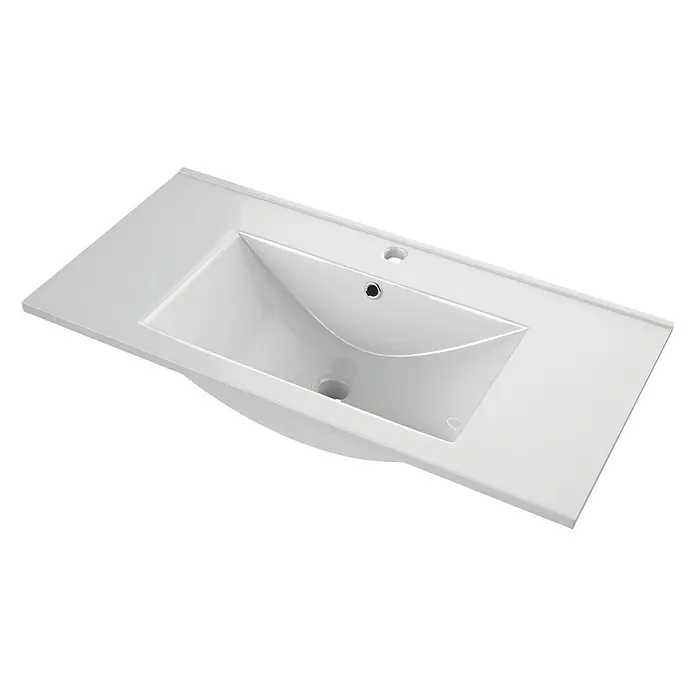 Conjunto de mueble de baño Danubio con lavabo Titán - Blanco/Roble, 3 pzs. - Una encimera de tocador rectangular de cerámica blanca brillante con lavabo integrado y orificio para grifo.