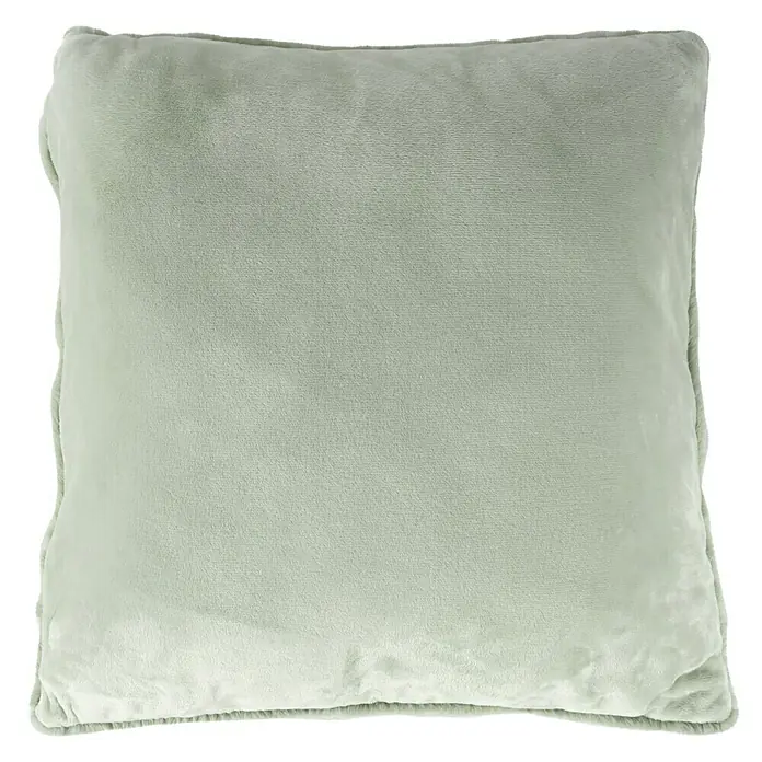 Kissen Happy - Jade, 48 x 48 cm, 100 % Polyester - Nahaufnahme eines quadratischen Kissens in sanftem Grün, das Komfort und Stil für jedes Zuhause verspricht.