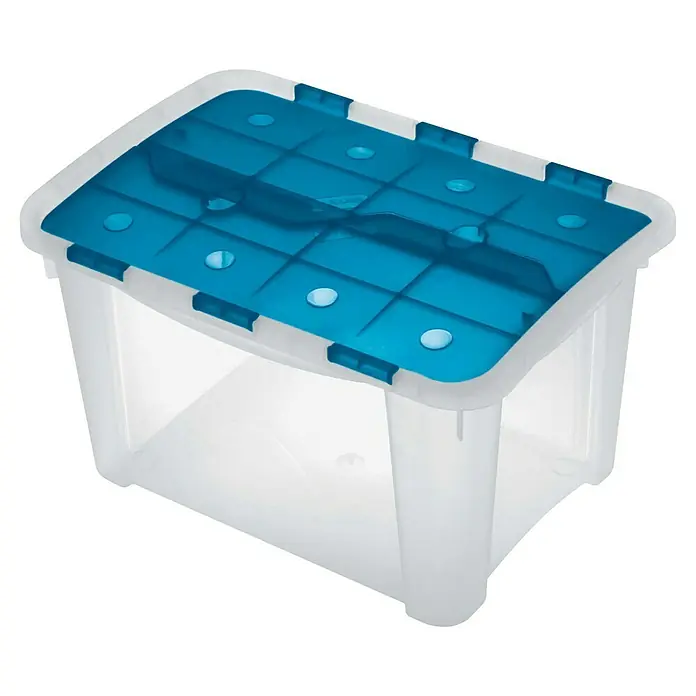 Terry Caja de almacenaje Home Box - L x An x Al: 32,2 x 28 x 46,5 cm, Con tapa, Plástico - Caja de almacenamiento transparente con tapa azul para una organización versátil en el hogar, la oficina o el almacén.