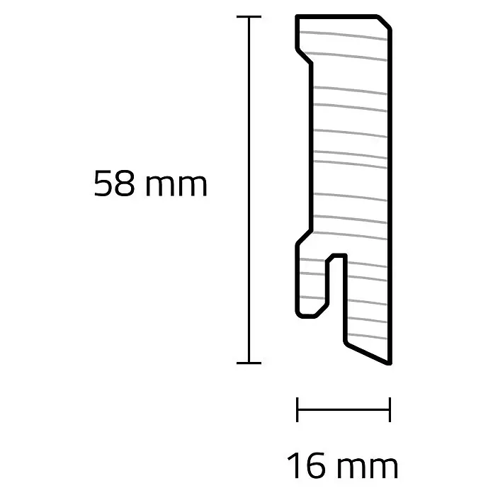 Sockelleiste - 240 x 1,6 x 5,8 cm, Kiefer, Lackiert - Querschnitt eines schwarzen Profils oder Leiste, 58 mm hoch und 16 mm breit.