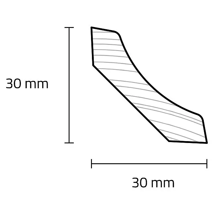 Hohlkehlleiste - 244 x 3 x 3 cm, Eiche - Gebogenes weißes Leistenprofil mit grauer Holzmaserung, 30 mm hoch und 30 mm breit.