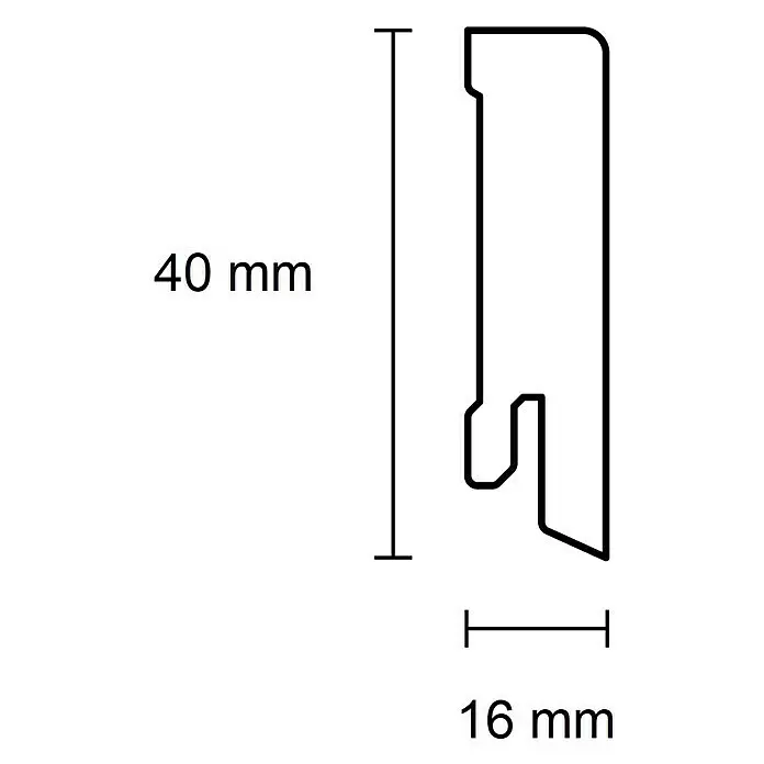 Sockelleiste - 240 x 1,6 x 4 cm, MDF, Foliert - Querschnitt eines Profils mit 40 mm Höhe und 16 mm Tiefe.