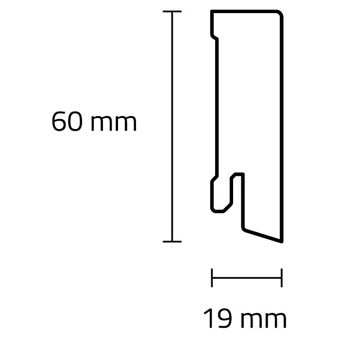 Sockelleiste - 240 x 1,9 x 6 cm, MDF - Technische Zeichnung eines Profilquerschnitts mit 60 mm Höhe und 19 mm Breite.