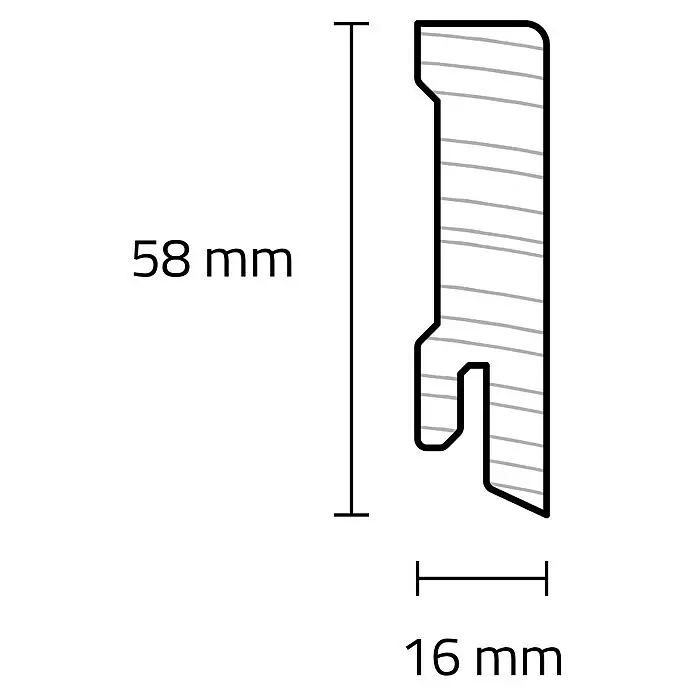 Sockelleiste - 240 x 1,6 x 5,8 cm, Kork grob - Querschnitt eines Paneelprofils, 58 mm hoch und 16 mm dick, mit Verriegelungsform.