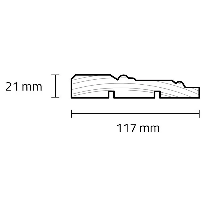 Profilleiste - 240 x 2,1 x 11,7 cm, Fichte - Holzleistenquerschnitt, 21 mm hoch und 117 mm breit, mit Innenprofil und Holzmaserung.