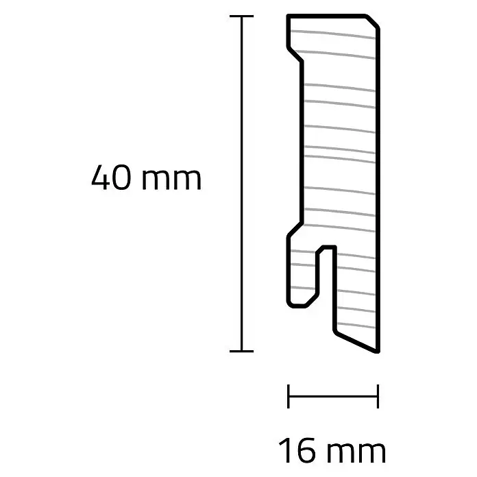 Sockelleiste - 240 x 1,6 x 4 cm, Kiefer, Lackiert - Profilquerschnitt mit Maßen: 40 mm Höhe, 16 mm Breite, mit gestuftem Riegelprofil.