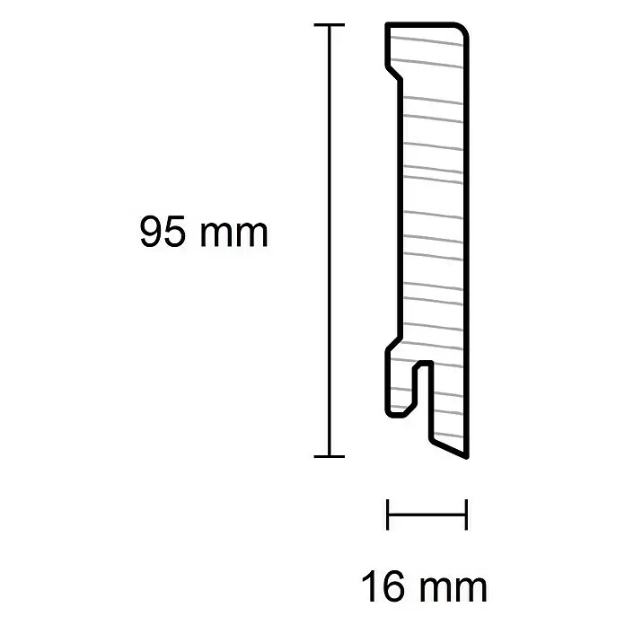 Sockelleiste - 240 x 1,6 x 9,5 cm, Kiefer - Technische Zeichnung eines 95x16mm Profils, wahrscheinlich Holzverkleidung, mit einer Nut-Feder-Kante.