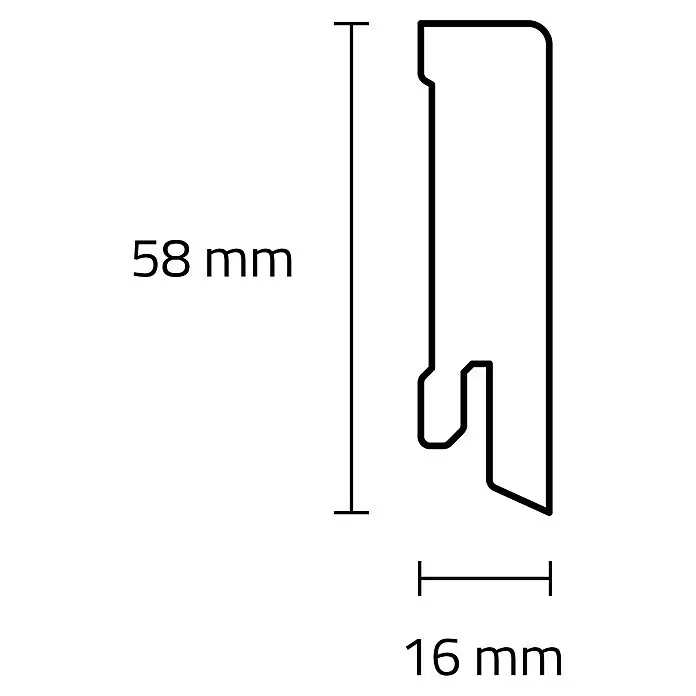 Sockelleiste - 240 x 1,6 x 5,8 cm, MDF, Schwarz - Technische Zeichnung eines schwarzen Profils oder Leiste, 58 mm hoch und 16 mm breit, Querschnitt.