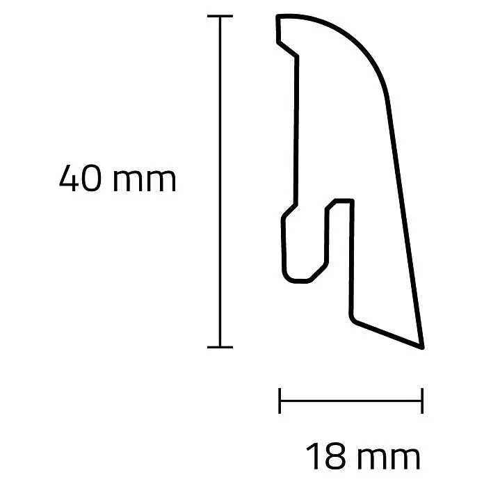 Sockelleiste - 240 x 1,8 x 4 cm, MDF - Technische Zeichnung eines Profilquerschnitts, 40 mm hoch und 18 mm breit, mit spezifischer, angewinkelter Form.