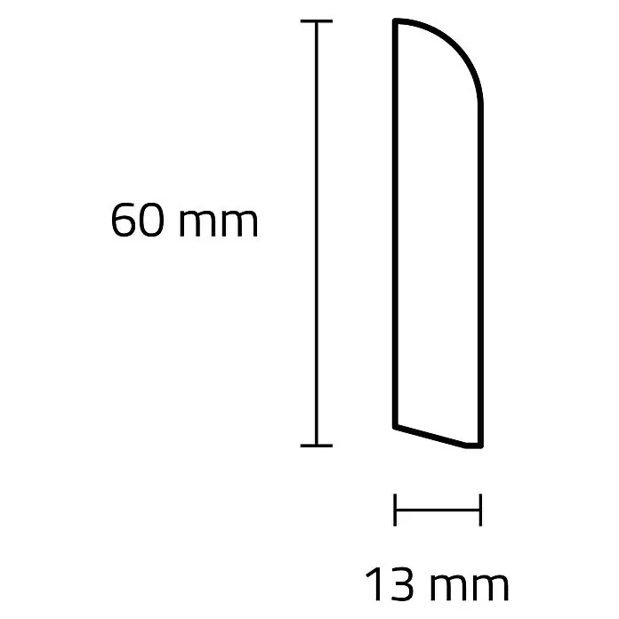 Sockelleiste - 240 x 1,3 x 6 cm, MDF - Technische Zeichnung eines Leistenprofils, 60 mm hoch und 13 mm tief, mit abgerundeter Oberkante.