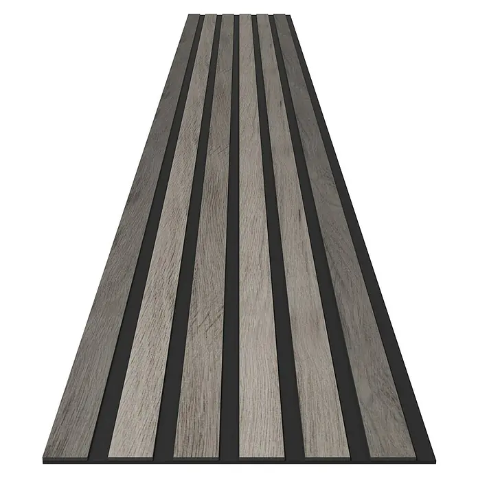 b!design Wandpaneelmuster Wall Smart Plus - 150 x 120 x 6,1 mm, Eiche Grau - Nahaufnahme einer Wandverkleidung mit grauen Holzlatten auf schwarzem Hintergrund, die eine moderne und stilvolle Wandgestaltung zeigt.