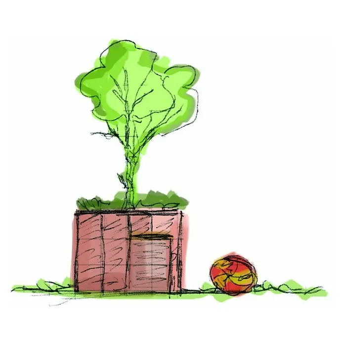 Palatino Hochbeet Urbank - 100 x 200 x 70 cm, Cortenstahl, Rostbraun - Illustration eines Baumes in einem Pflanzgefäß mit einem Ball daneben, einfache und spielerische Darstellung.