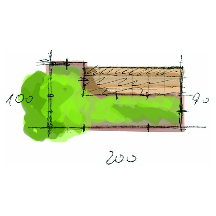 Palatino Hochbeet Urbank - 100 x 200 x 70 cm, Cortenstahl, Rostbraun - Gartenplan Skizze mit Bepflanzung und Maßen. Die Skizze zeigt eine Gartenaufteilung mit Grünflächen und einem angedeuteten Gebäude.