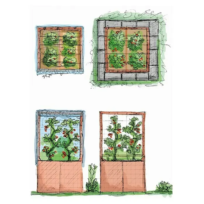Palatino Hochbeet Home of Tomatoes - 100 x 100 x 183 cm, Cortenstahl, Rostbraun - Das Bild zeigt verschiedene Gartenbaudesigns mit erhöhten Beeten und Spalieren für den Anbau von Gemüse und Pflanzen, ideal für kleine Gärten.