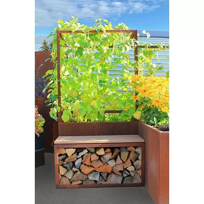 Palatino Hochbeet Clarinette mit Sitzplatz - 140 x 100 x 183 cm, Cortenstahl, Rostbraun - Stimmungsaufnahme