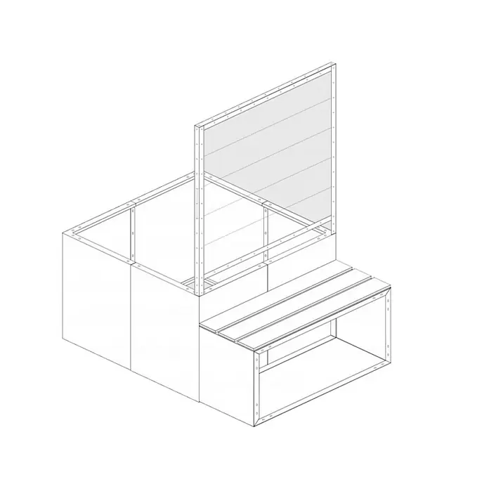 Palatino Hochbeet Clarinette mit Sitzplatz - 140 x 100 x 183 cm, Cortenstahl, Rostbraun - Isometrische Ansicht einer modularen Sitzbank mit integrierter Rückenlehne. Das Möbelstück ist schlicht und modern gestaltet.
