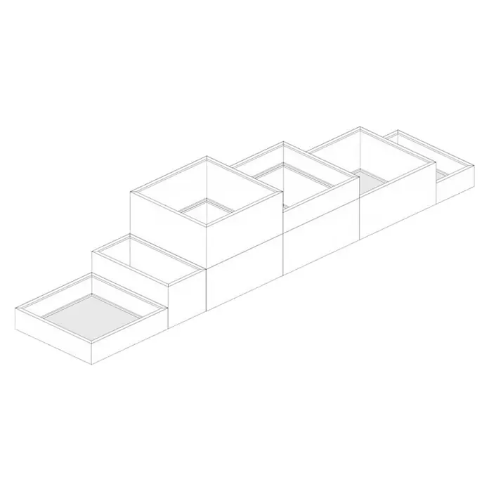 Palatino Hochbeet Scala Landschaft - 490 x 100 x 100 cm, Stahl, Rostbraun - Skizze eines stufenförmigen modularen Regalsystems, ideal für die Aufbewahrung oder als dekoratives Element.