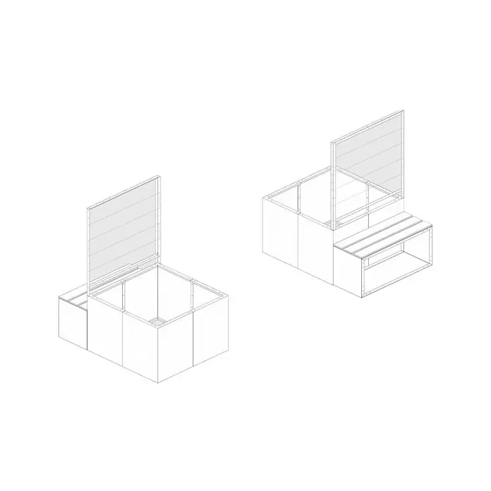 Palatino Hochbeet Clarinette mit Sitzplatz - 140 x 100 x 183 cm, Cortenstahl, Rostbraun - Eine schematische Darstellung zweier Messestände, die eine klare, moderne Ästhetik mit funktionalem Design verbinden. Ideal für Präsentationen.