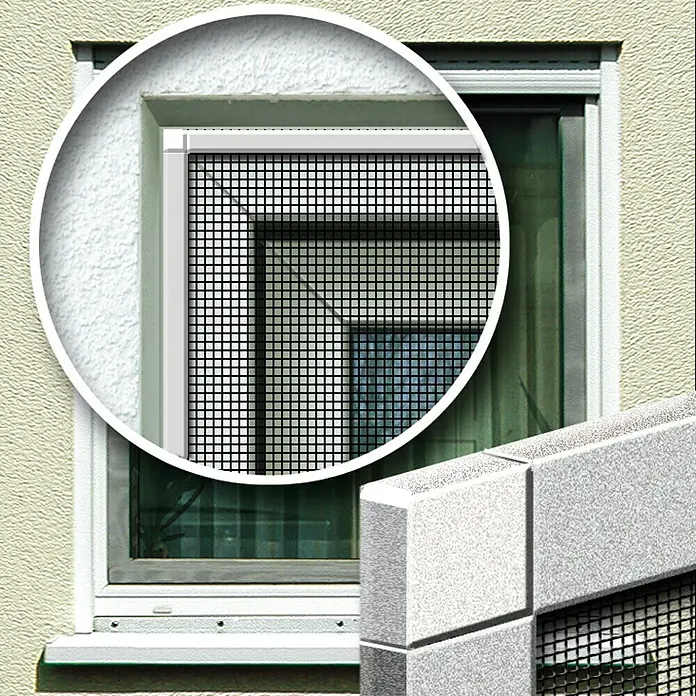 Schellenberg Rollo de fibra de vidrio - An x Al: 140 x 250 cm, Color red: Blanco - Primer plano de una ventana con mosquitera que protege contra insectos y permite la entrada de aire fresco.