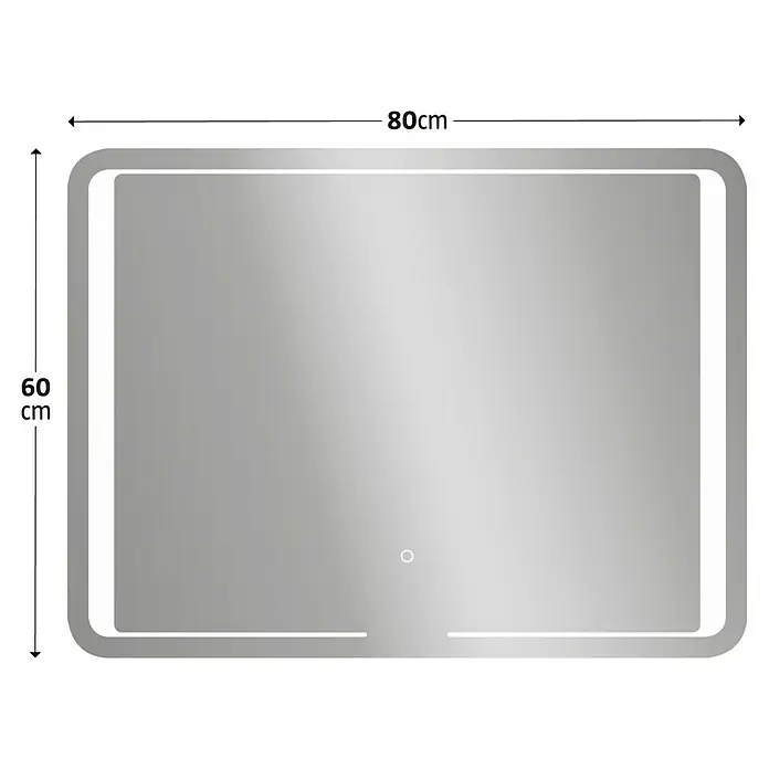 Camargue Lichtspiegel Juwa 3 - 80 x 60 cm - Abbildung eines rechteckigen Spiegels mit abgerundeten Ecken und LED-Beleuchtung, Maße 80x60 cm.