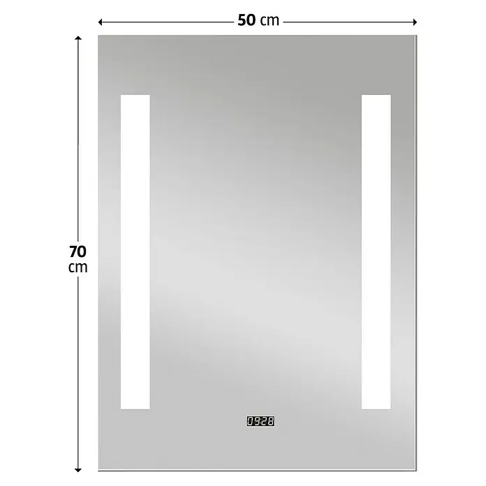 DSK LED-Lichtspiegel Chrystal Creek - 50 x 70 cm, Eingebaute Digitaluhr - Abbildung eines rechteckigen Spiegels mit integrierter Digitaluhr und LED-Beleuchtung an den Seiten.