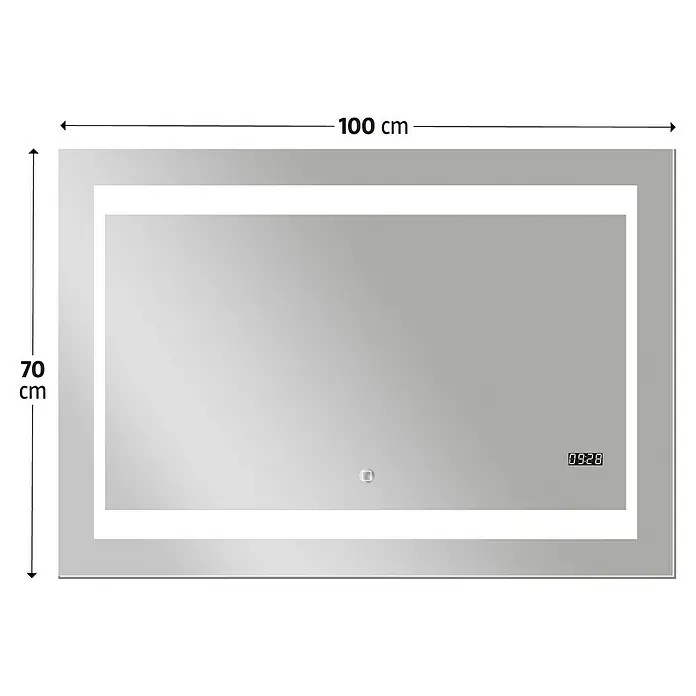 DSK Lichtspiegel Silver Futura - 100 x 70 cm - Ein rechteckiger, beleuchteter Spiegel mit den Maßen 100 x 70 cm, ideal für moderne Badezimmer. Das Design umfasst eine integrierte Digitaluhr für zusätzlichen Komfort.