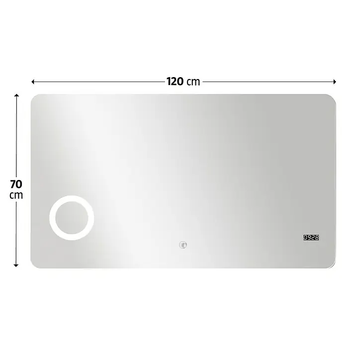 DSK Lichtspiegel Silver Shadow - 120 x 70 cm - Produktabbildung eines rechteckigen Spiegels mit LED-Beleuchtung, 120 cm breit und 70 cm hoch, mit abgerundeten Ecken und Digitaluhr.