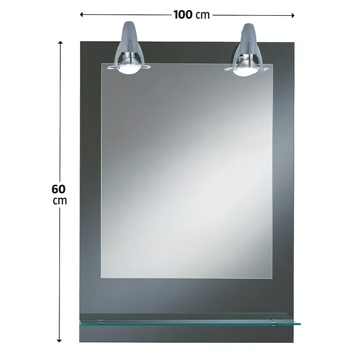 Kristall-Form Lichtspiegel Pierre - 50 x 70 cm, Grau, Ablage - Bild eines rechteckigen Spiegels mit Beleuchtung und einem Glasregal. Das Produkt ist 100 cm breit und 60 cm hoch.
