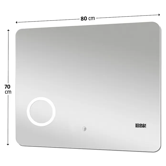 DSK Lichtspiegel Silver Shadow - 80 x 70 cm - Bild eines rechteckigen Spiegels mit abgerundeten Ecken, LED-Lichtern und digitalen Anzeigen, 80x70 cm.