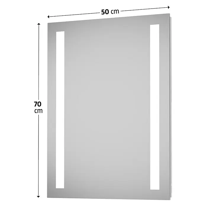 DSK Lichtspiegel Silver Dream - 50 x 70 cm - Dieses Bild zeigt einen rechteckigen Spiegel mit LED-Beleuchtung an den Seiten. Die Maße sind 50 cm Breite und 70 cm Höhe.