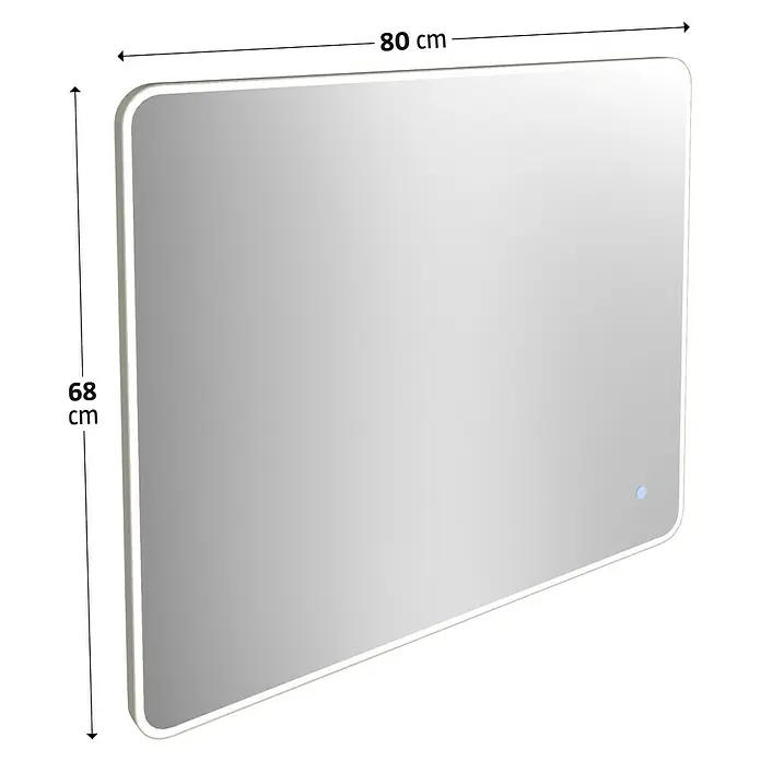 Camargue Lichtspiegel Frame - 80 x 68 cm, Leuchtmittel, Mit abgerundeten Kanten - Das Bild zeigt einen rechteckigen Badezimmerspiegel mit LED-Beleuchtung und abgerundeten Ecken. Die Maße des Spiegels sind 80 cm x 68 cm.