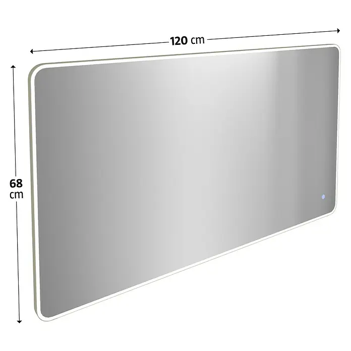 Camargue Lichtspiegel Frame - 120 x 68 cm, Leuchtmittel, Mit abgerundeten Kanten - Abbildung eines rechteckigen LED-beleuchteten Spiegels mit abgerundeten Ecken und den Maßen 120x68 cm.