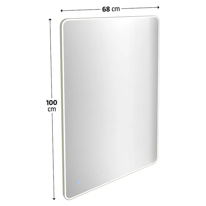 Camargue Lichtspiegel Frame - 100 x 68 cm, Leuchtmittel, Mit abgerundeten Kanten - Das Bild zeigt einen rechteckigen LED-beleuchteten Badezimmerspiegel mit abgerundeten Ecken, der 100 cm hoch und 68 cm breit ist.