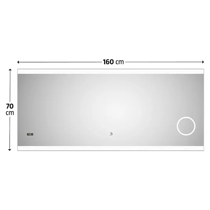 DSK Lichtspiegel Silver Shine 2.0 - 160 x 70 cm - Abbildung eines rechteckigen Spiegels mit LED-Beleuchtung und integrierter Digitaluhr, Maße: 160 cm breit und 70 cm hoch.